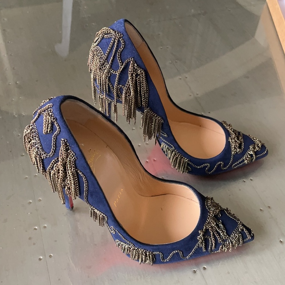 Christian louboutin dollyparty navy satin chain stiletto sz 38 120mm $2495 - Picture 2 of 9